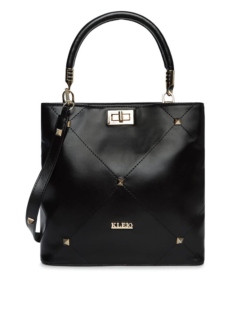 KLEIO Gold Studded Top Handle Handbag for Women - Black - Image 5